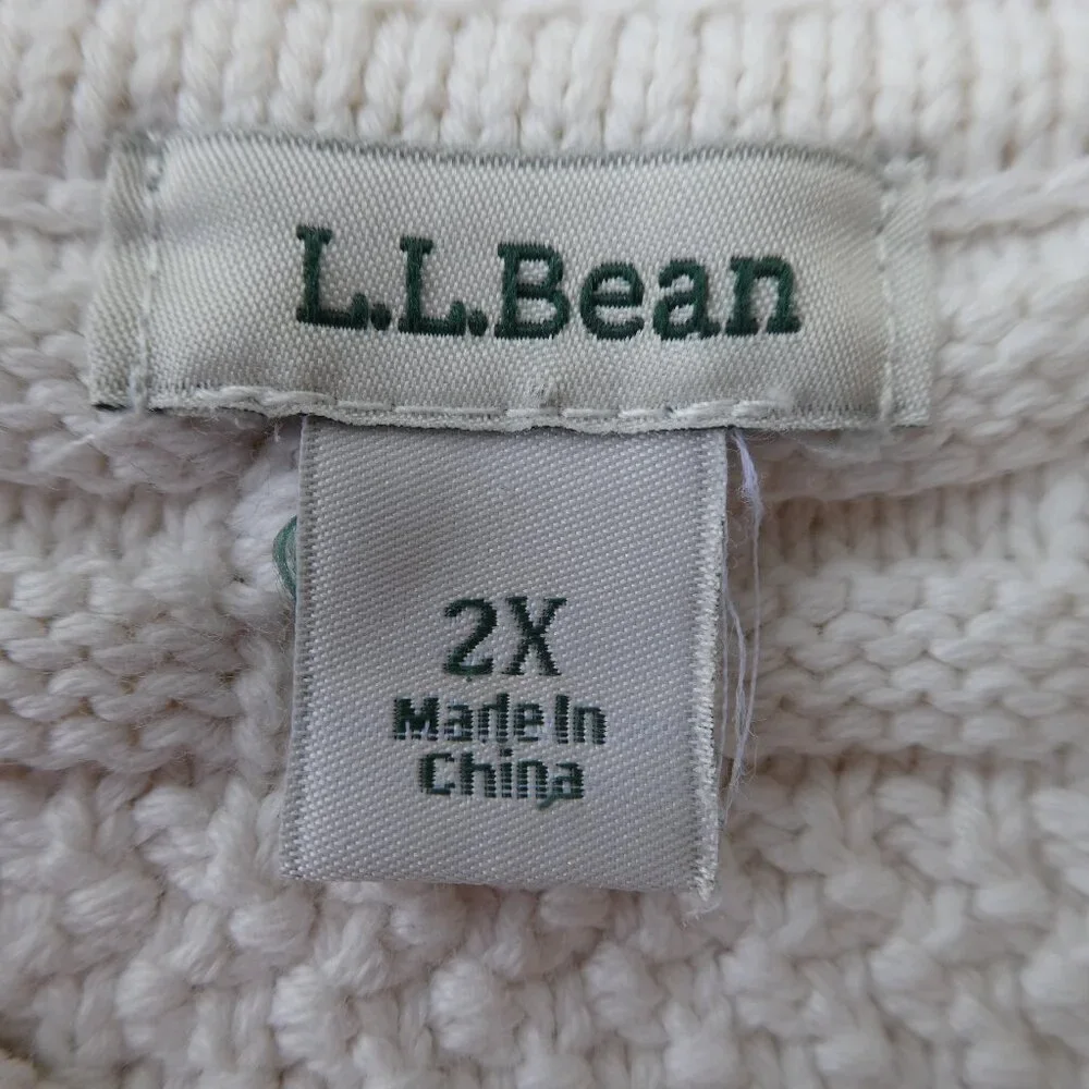 Vintage LL Bean Ivory 3D Cable Knit Cardigan Mock Neck Fisherman Cotton Plus 2x